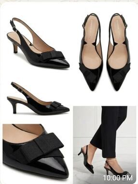 Adrienne Vittadini Sachem 8.5 M Black Patent Bow Slingback Pumps Kitten Heels